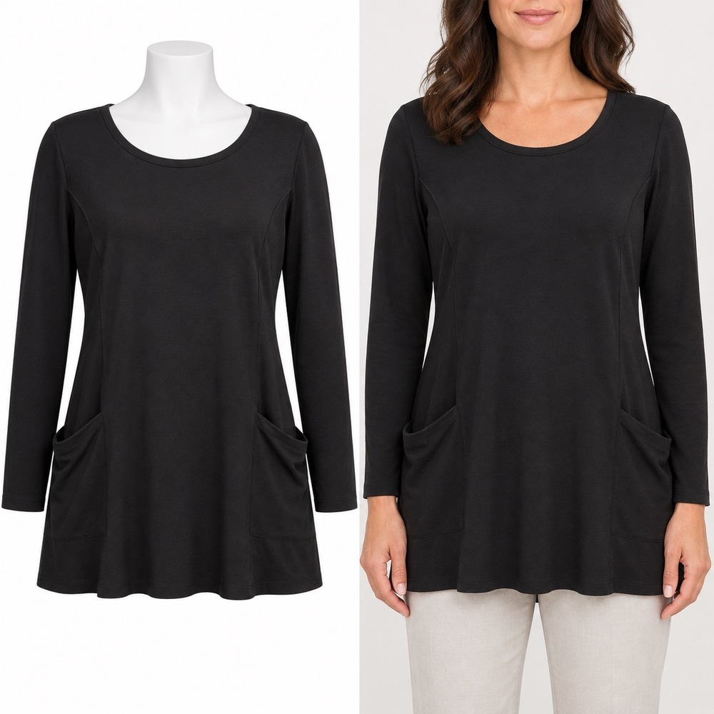 Susan Graver Weekend Tunic Women Medium Black Solid Long Sleeve Pockets Fleece